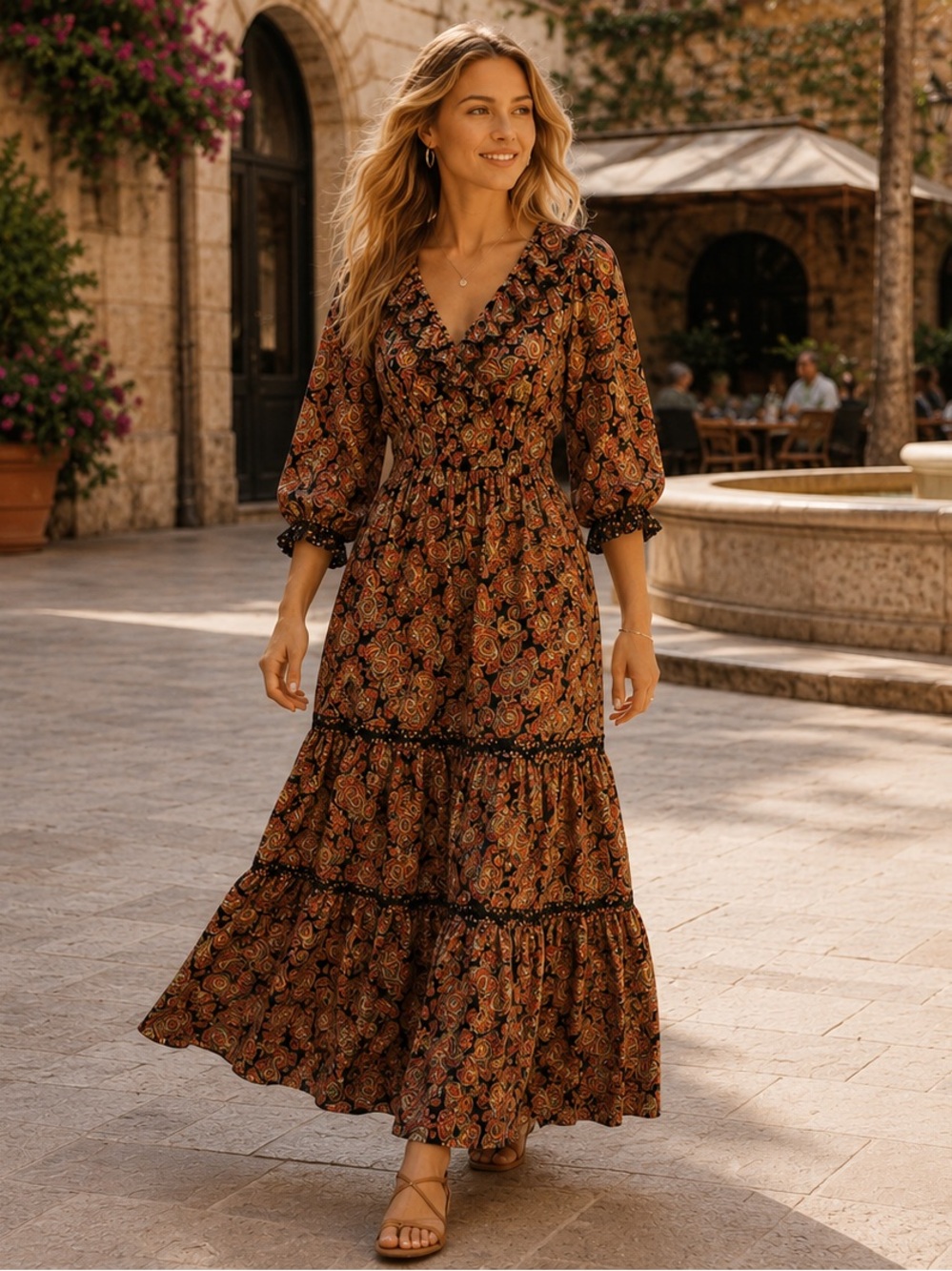 Me 2 Magic NWT Anthropologie Boho S Maxi Dress Gold Black Metallic Tiered Long
